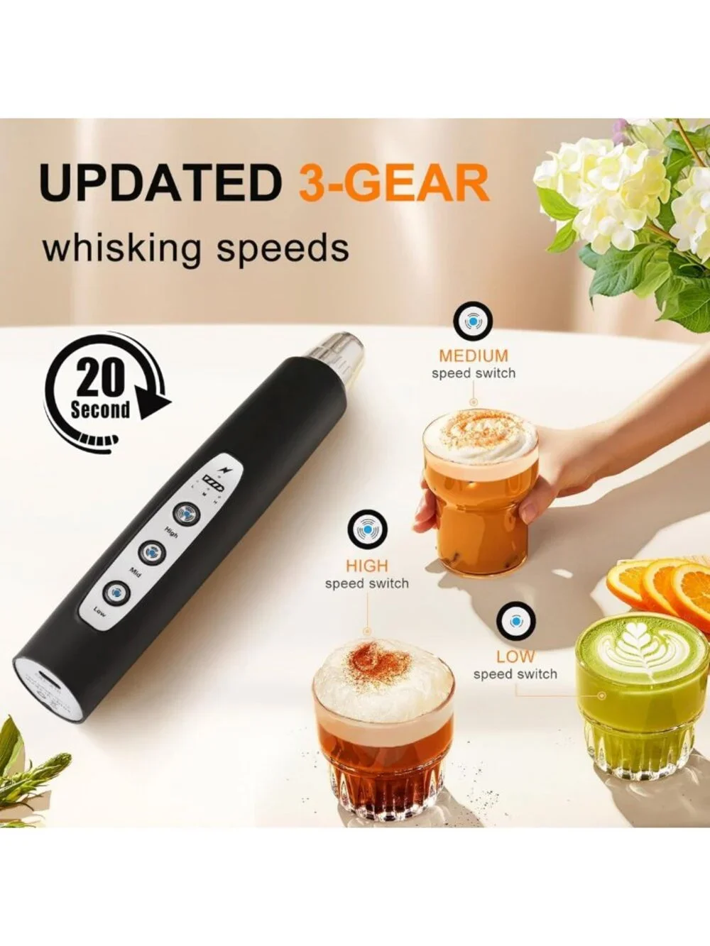 Rechargeable Black Handheld Milk Frother Wand - 3 Speeds, 3 Heads for Coffee